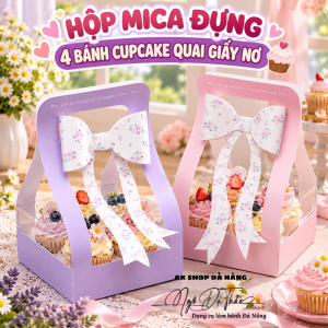 Hộp mica cupcake 4 bánh +  Quai xách nơ